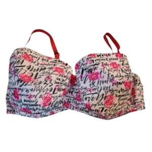 Always A Flirt Sexy Push Up Bra 40DD Underwires Love Script Rose Valentine's Day